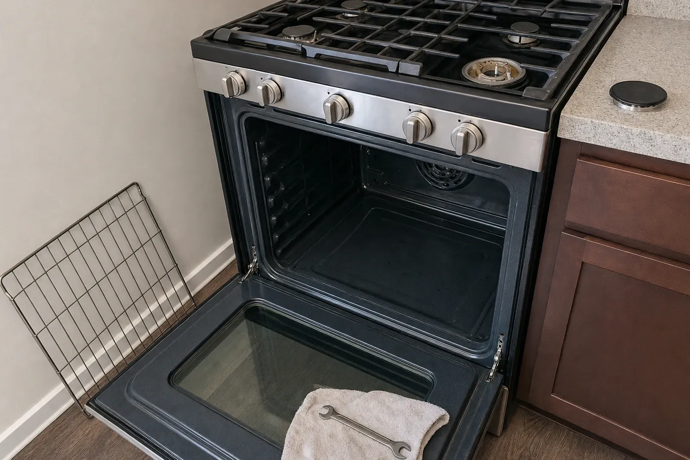 Slide-in gas range with the oven door lowered, one rack out on the floor and an open-ended wrench on a towel