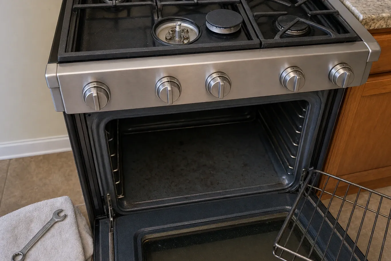 Gas range seen from above with one burner cap lifted off, the burner head exposed and the oven door lowered