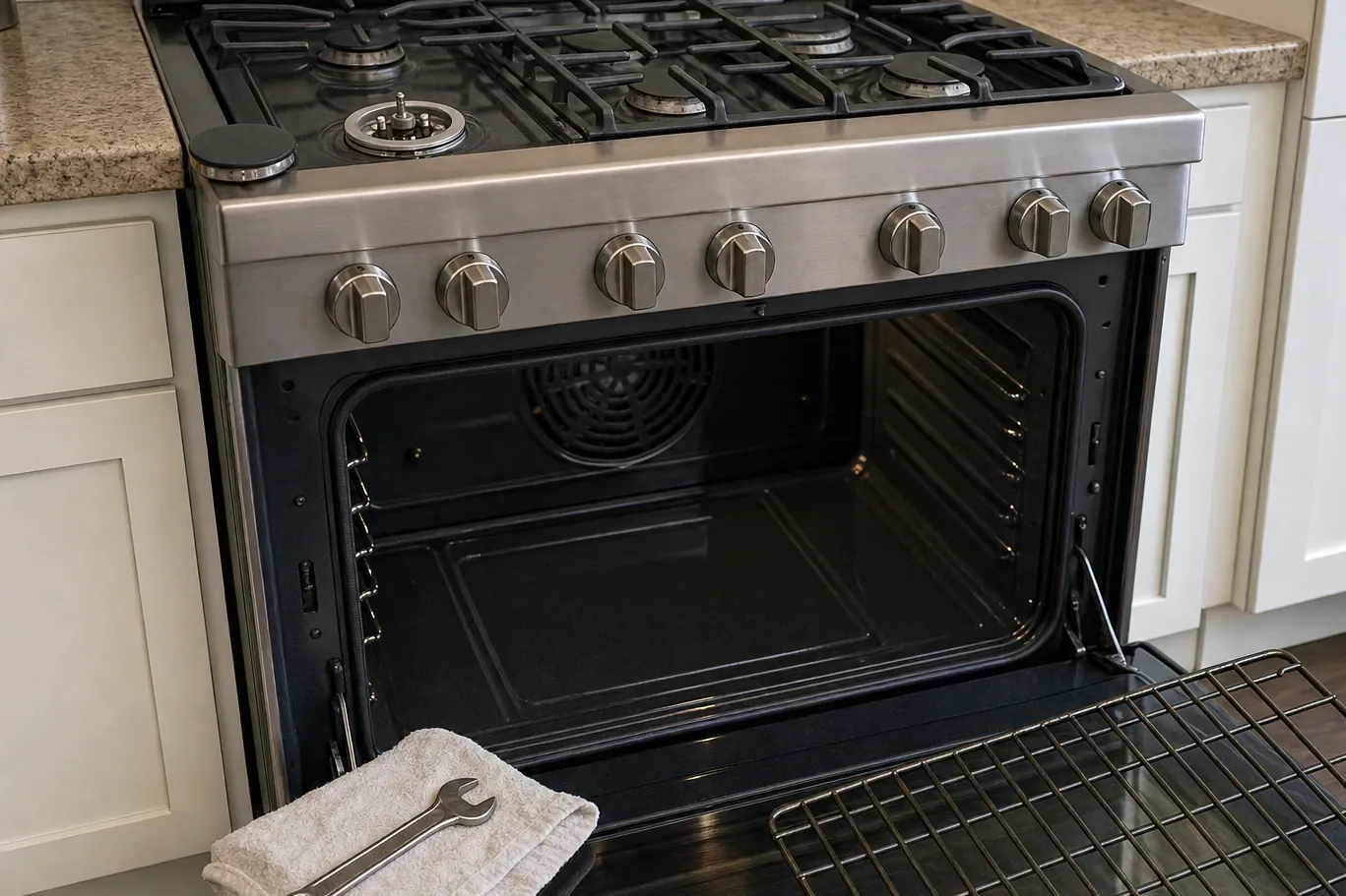 Stainless gas range with the oven door open on an empty cavity, convection fan cover at the back, wrench on a towel