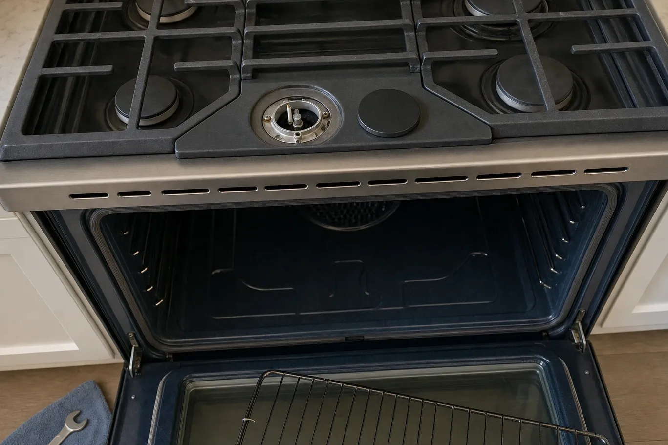 Cast-iron cooktop grates from above with one burner uncapped, its cap set aside and the oven open below